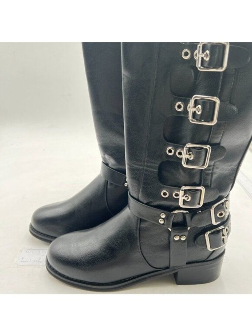 Black Women's Fashion Mid Calf Buckle Motorcycle Boots Fashion Studded Boots